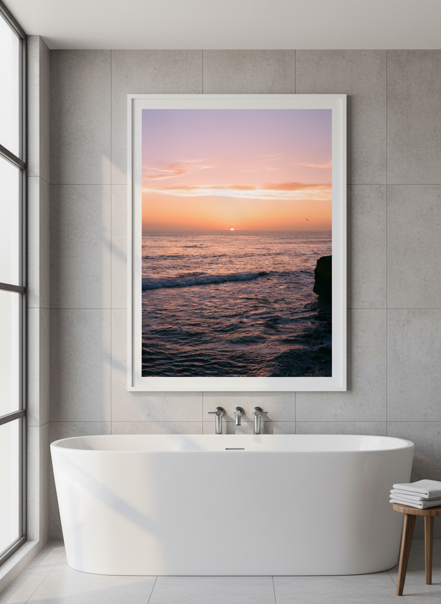 Modern print displayed in a clean minimalist bathroom setting
