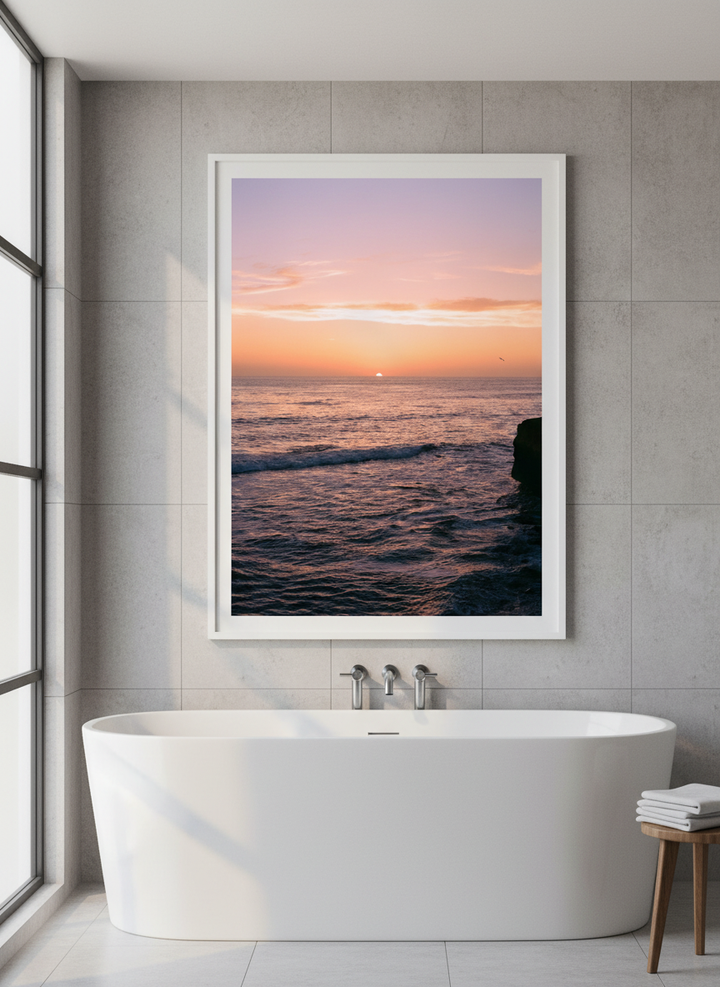 Modern print displayed in a clean minimalist bathroom setting