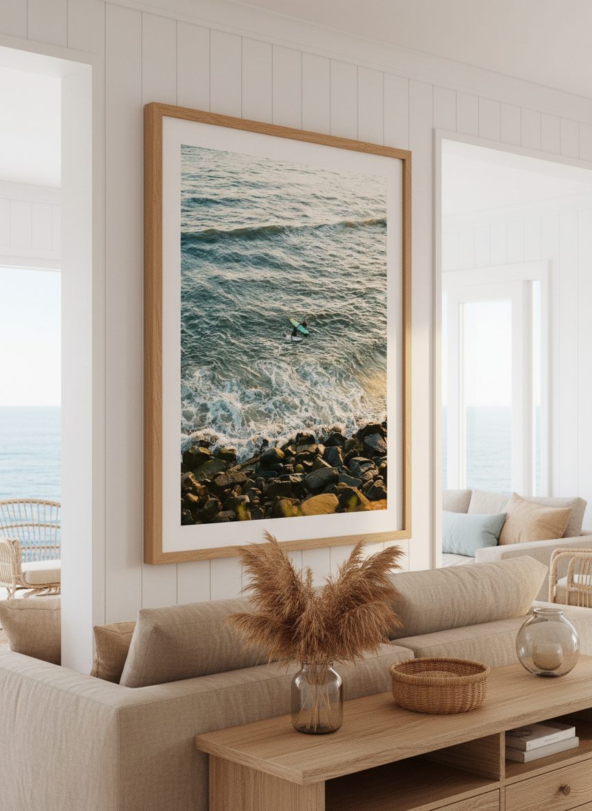 Neutral wall art displayed in a sunny coastal beach house