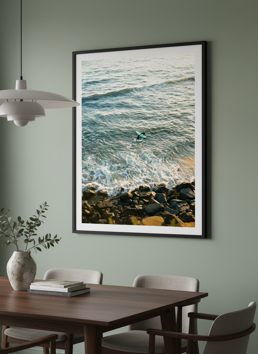Wall art styled above a dining table in a contemporary home