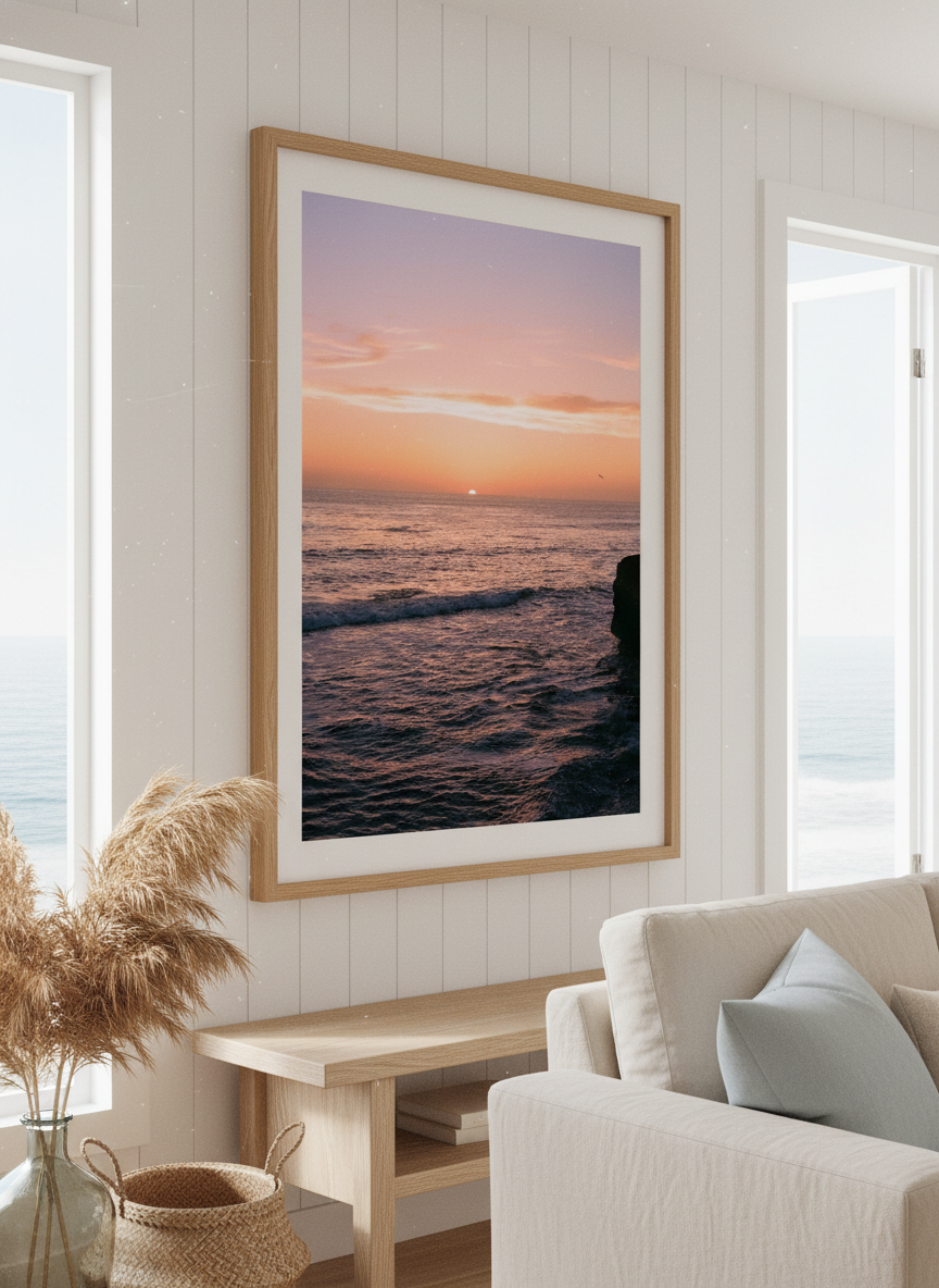 Neutral wall art displayed in a sunny coastal beach house