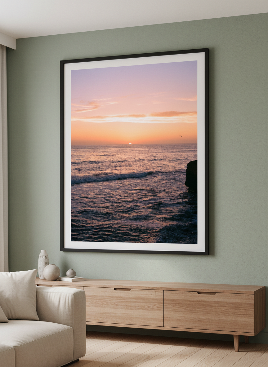 Modern wall art styled above a sofa in a neutral living room