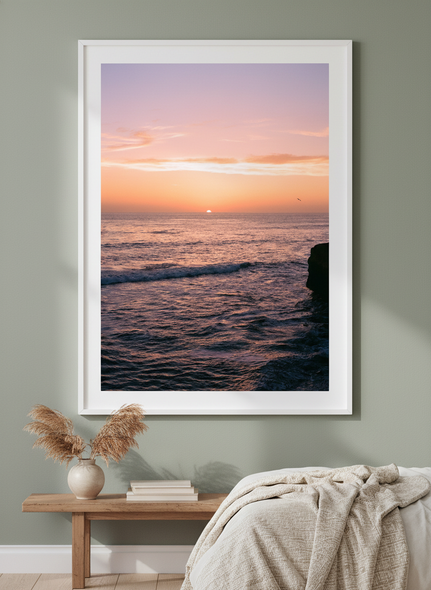 Minimalist artwork displayed in a calm, light-filled bedroom interior