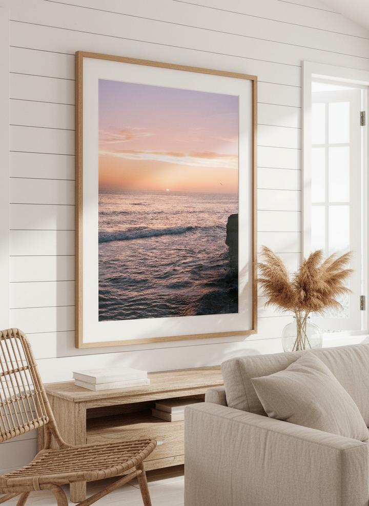 Neutral wall art displayed in a sunny coastal beach house