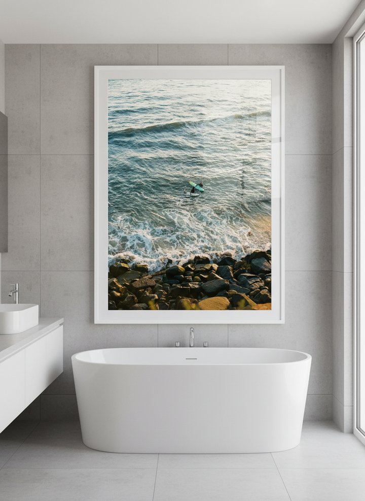 Modern print displayed in a clean minimalist bathroom setting