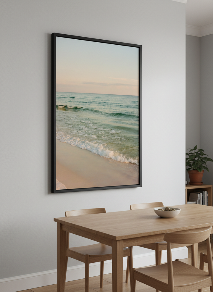 Wall art styled above a dining table in a contemporary home