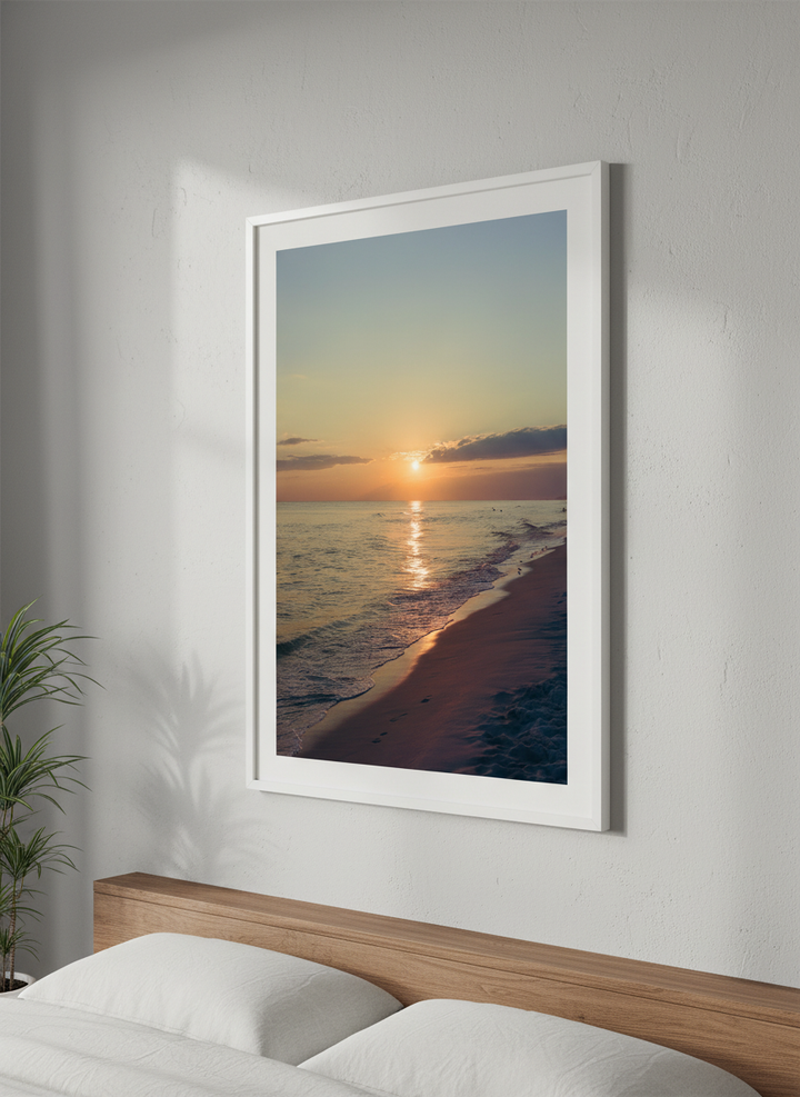 Minimalist artwork displayed in a calm, light-filled bedroom interior