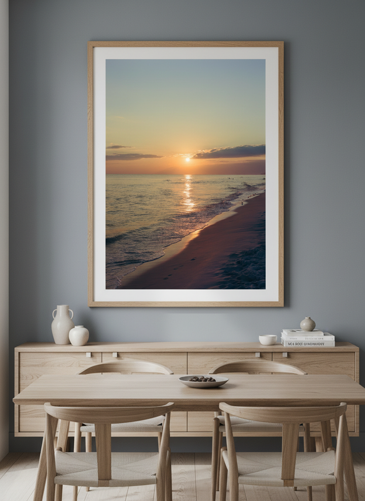 Wall art styled above a dining table in a contemporary home