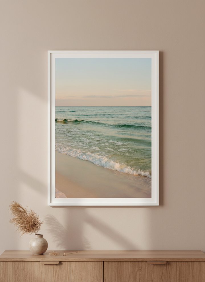 Minimalist artwork displayed in a calm, light-filled bedroom interior
