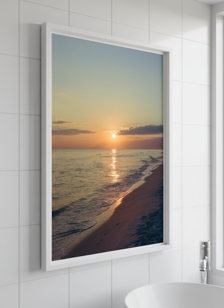 Modern print displayed in a clean minimalist bathroom setting