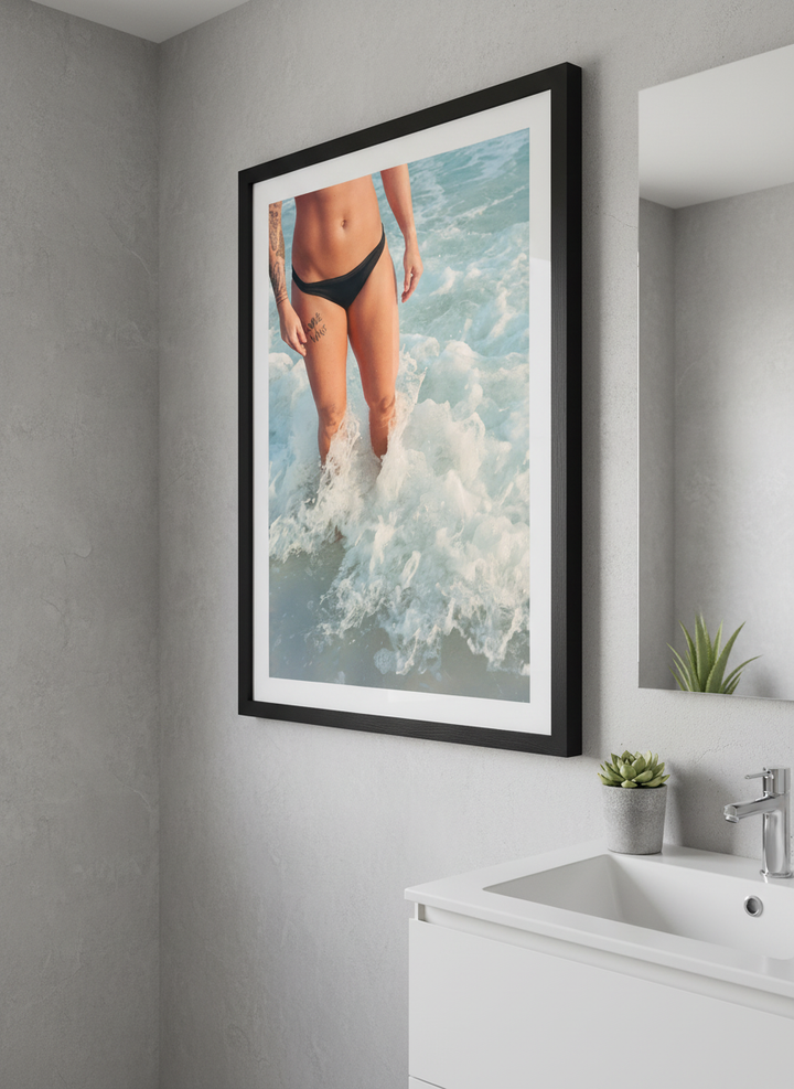 Modern print displayed in a clean minimalist bathroom setting