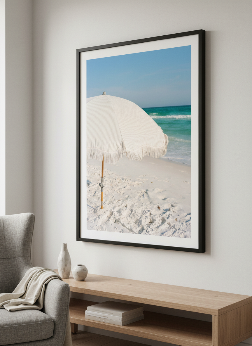 Modern wall art styled above a sofa in a neutral living room