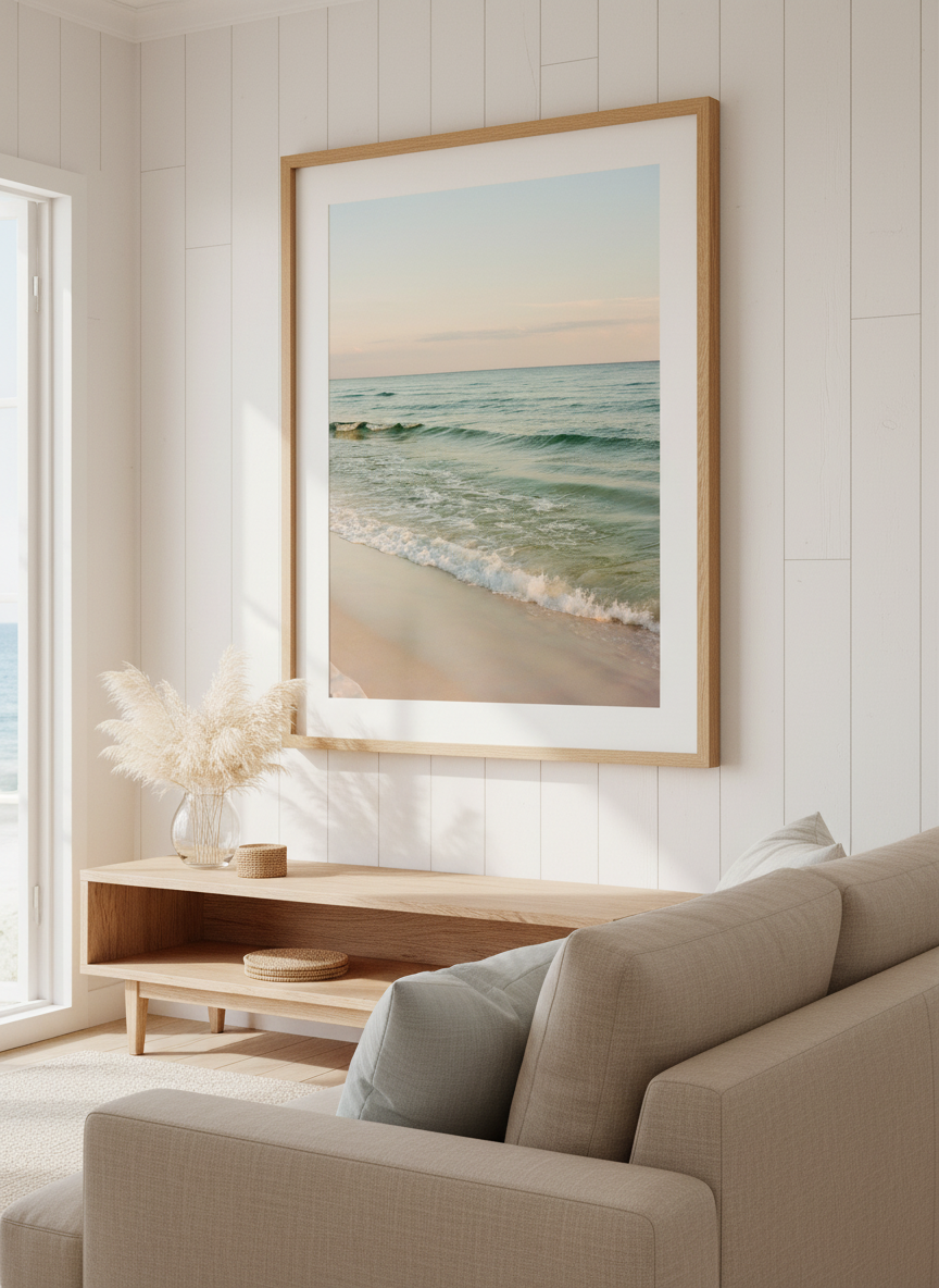 Neutral wall art displayed in a sunny coastal beach house