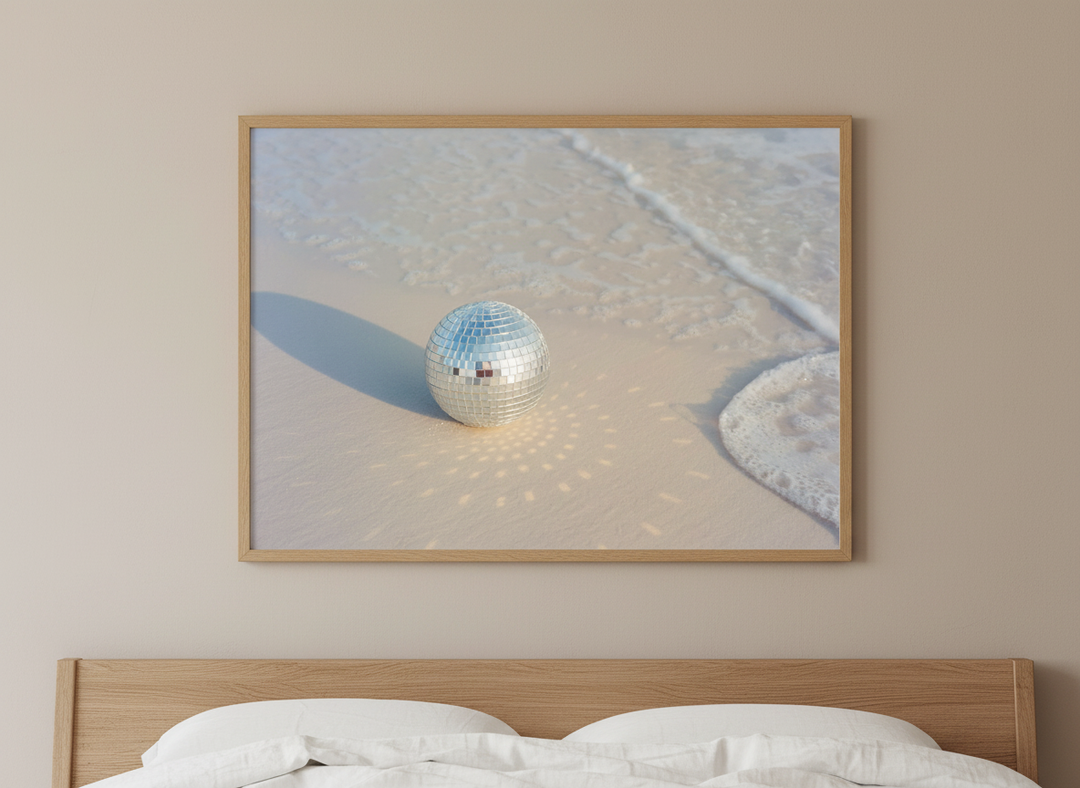 Minimalist artwork displayed in a calm, light-filled bedroom interior
