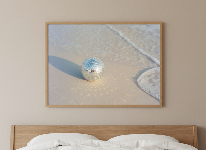 Minimalist artwork displayed in a calm, light-filled bedroom interior