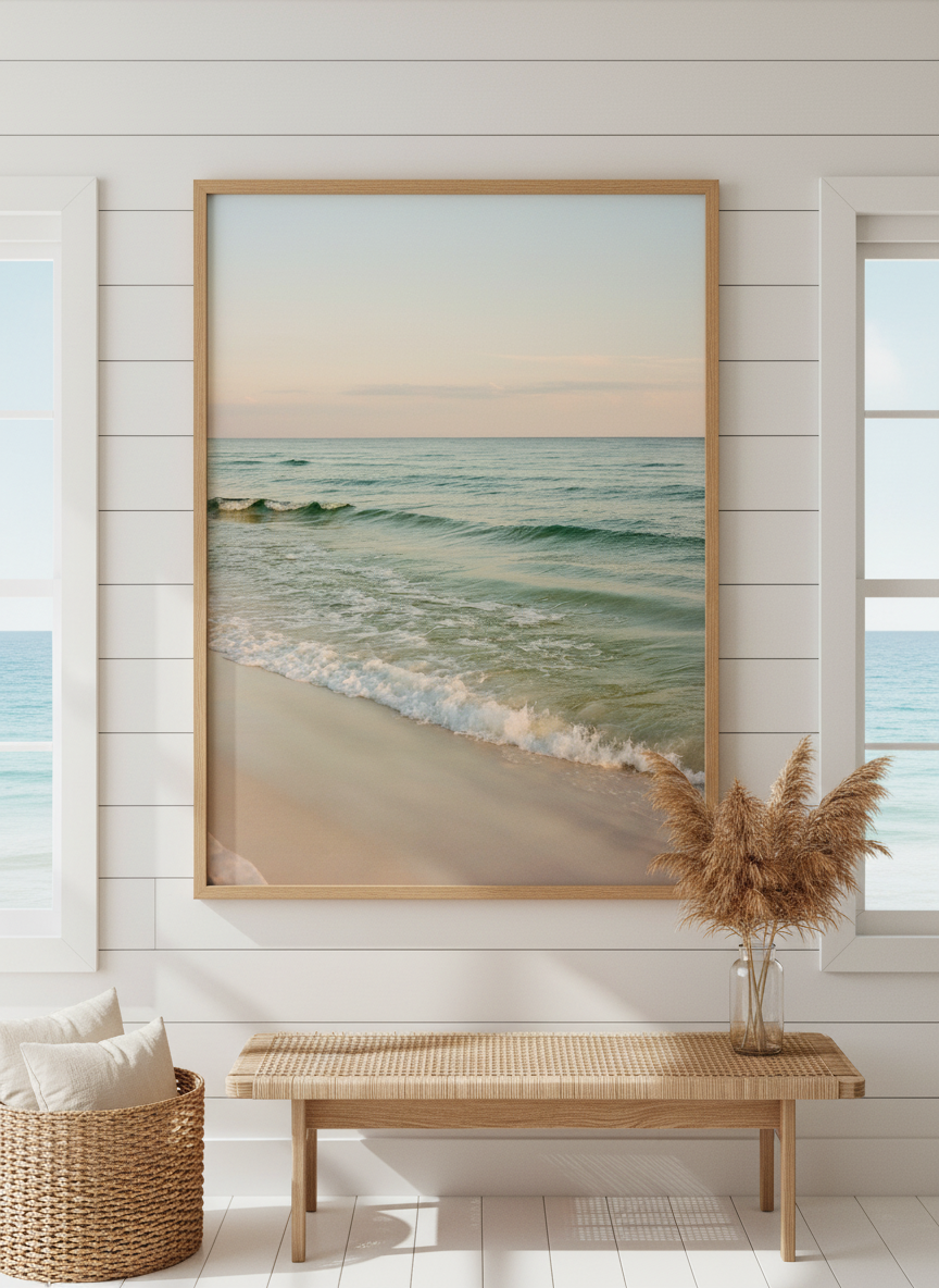 Neutral wall art displayed in a sunny coastal beach house