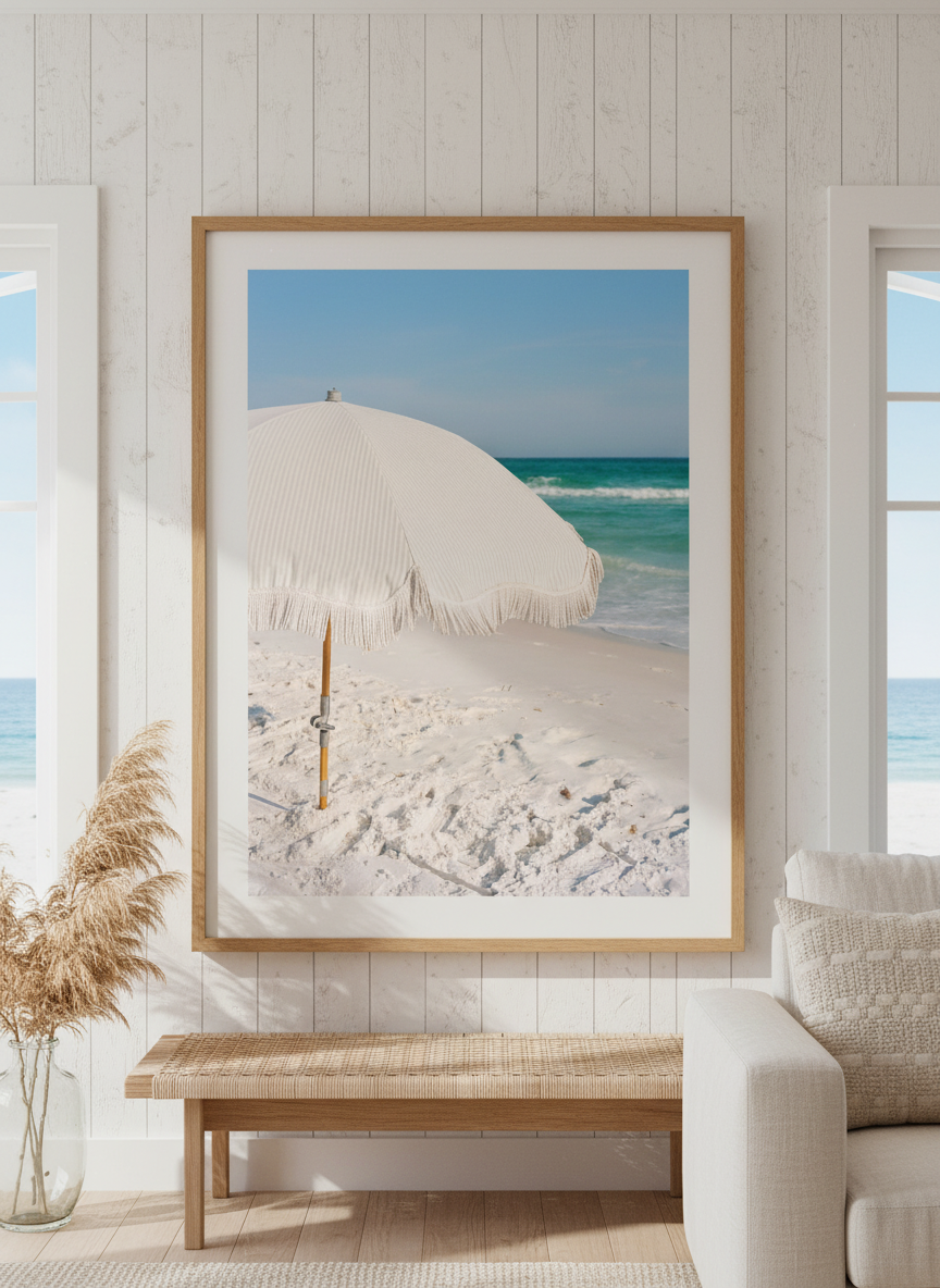 Neutral wall art displayed in a sunny coastal beach house