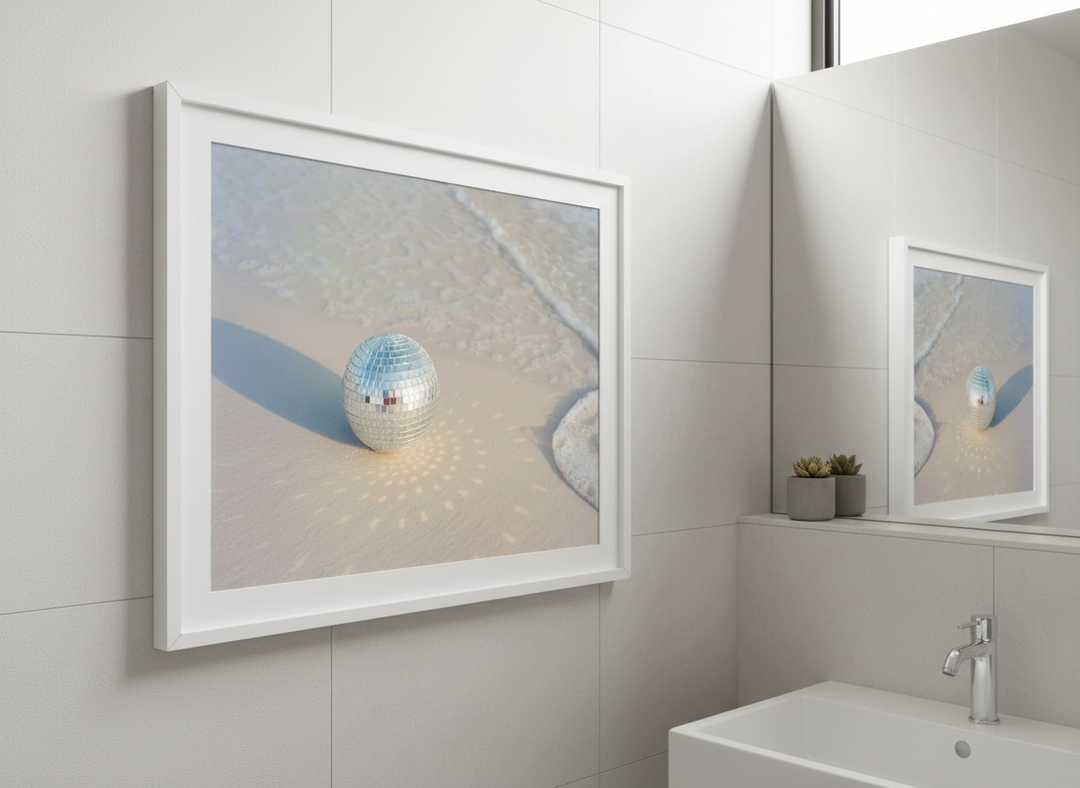 Modern print displayed in a clean minimalist bathroom setting