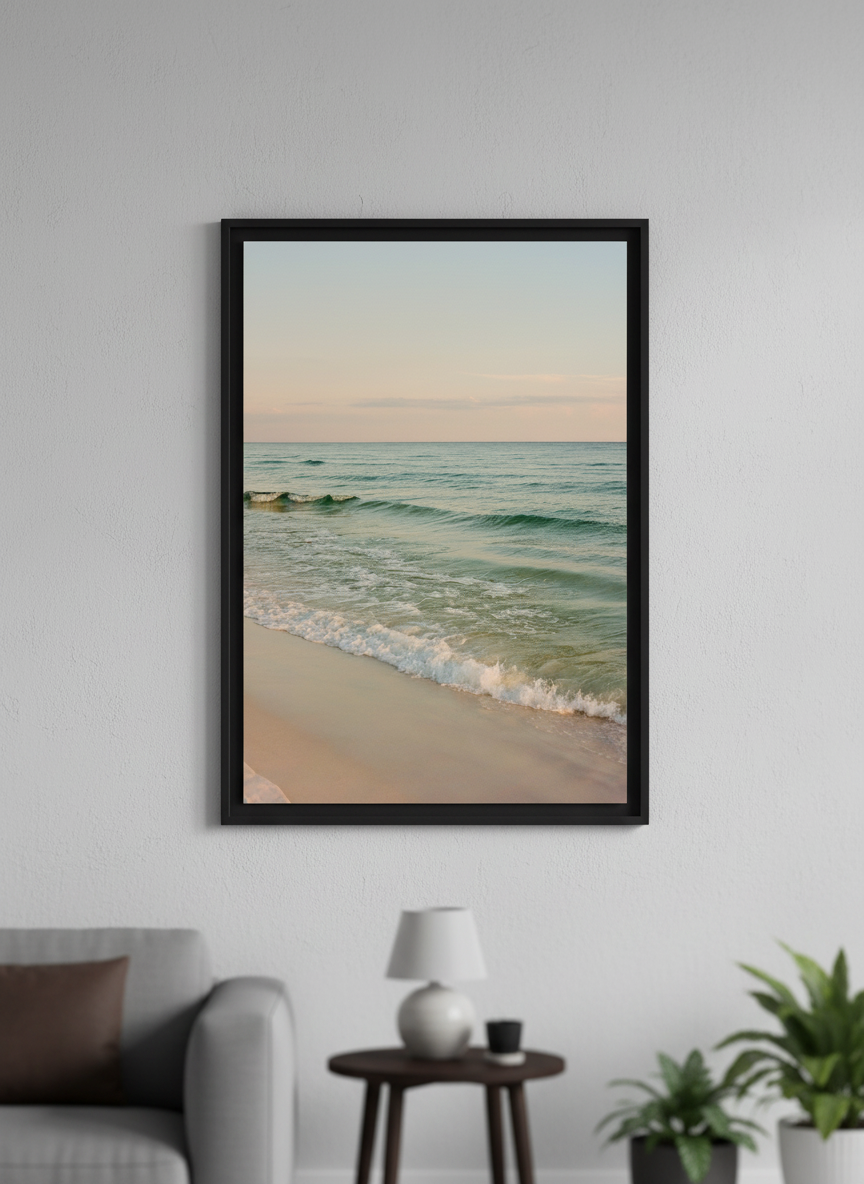 Modern wall art styled above a sofa in a neutral living room