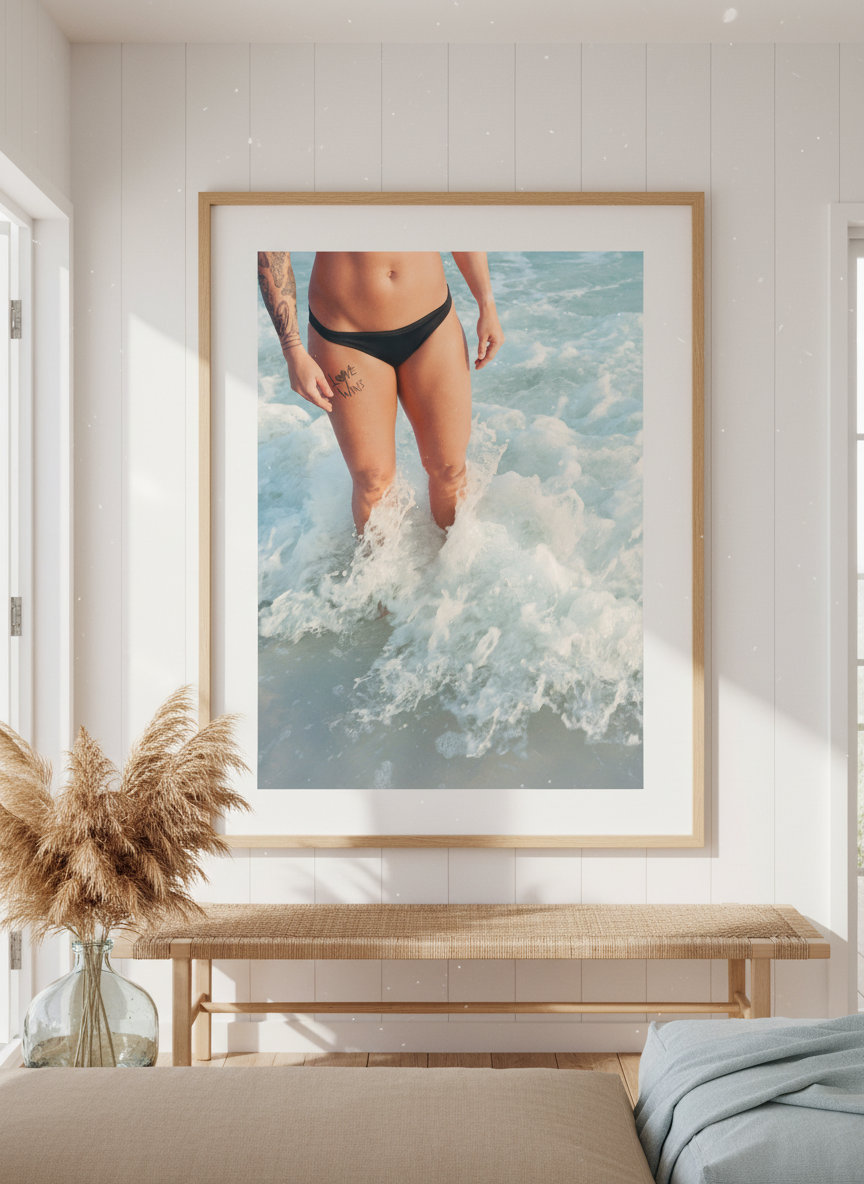 Neutral wall art displayed in a sunny coastal beach house