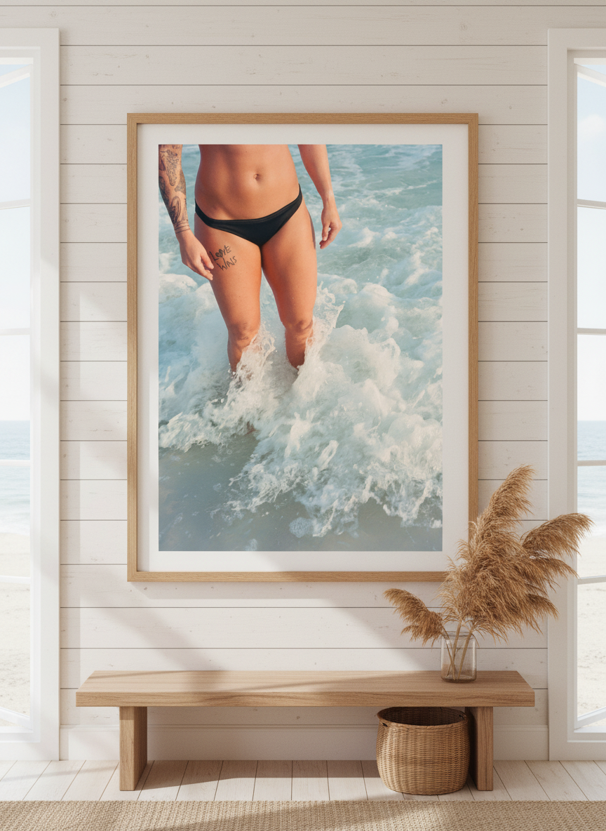 Neutral wall art displayed in a sunny coastal beach house