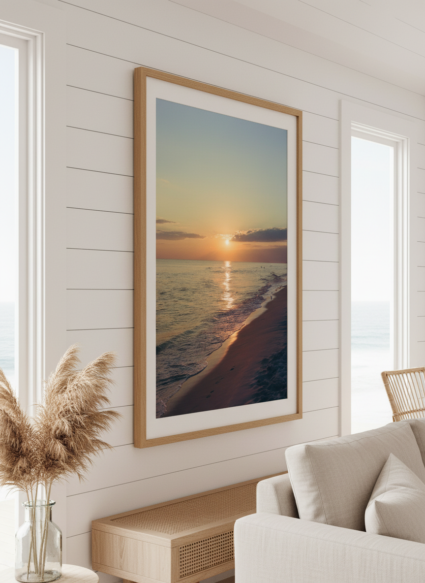 Neutral wall art displayed in a sunny coastal beach house