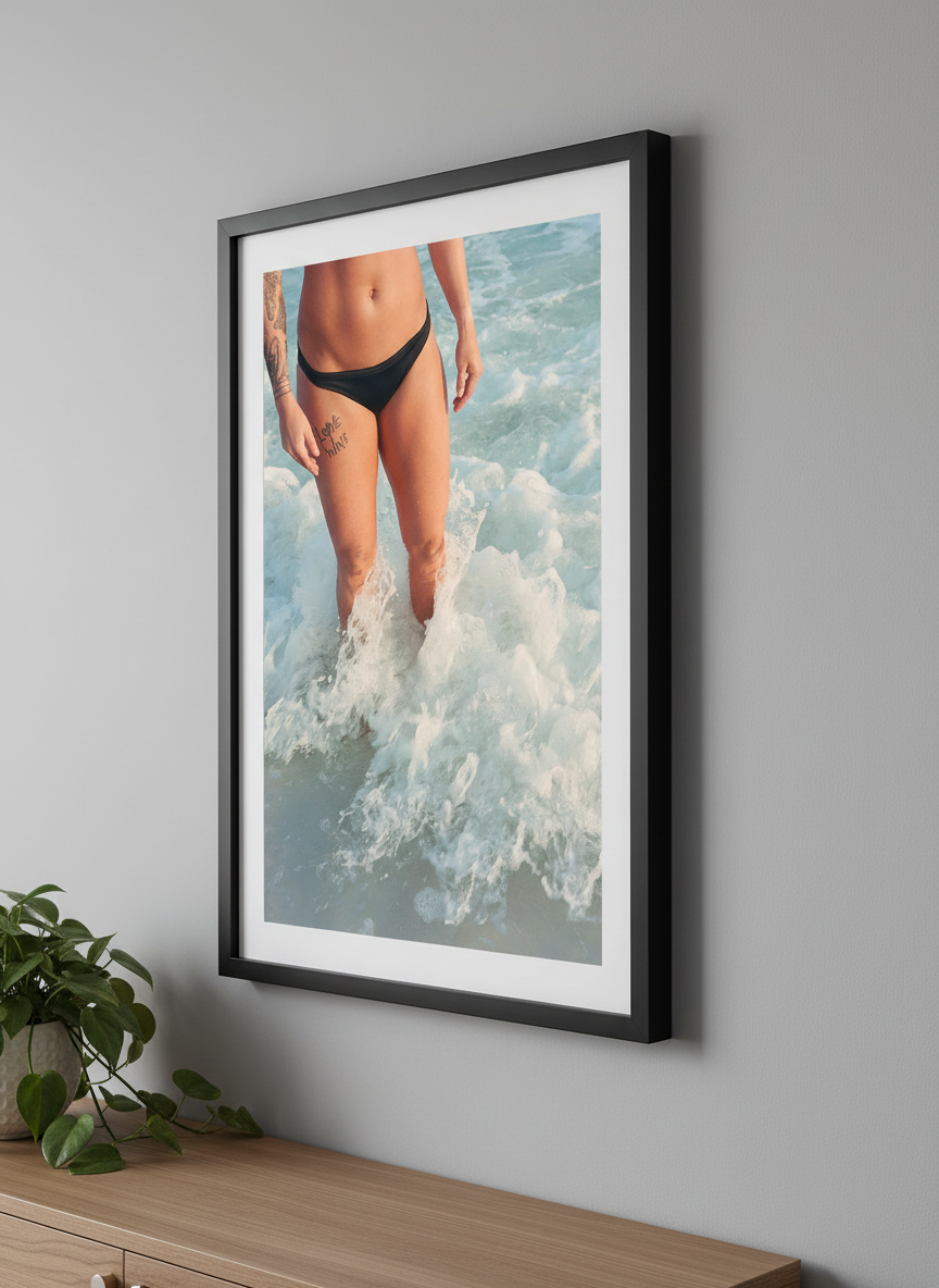 Modern wall art styled above a sofa in a neutral living room