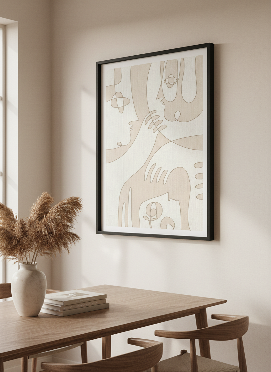 Wall art styled above a dining table in a contemporary home