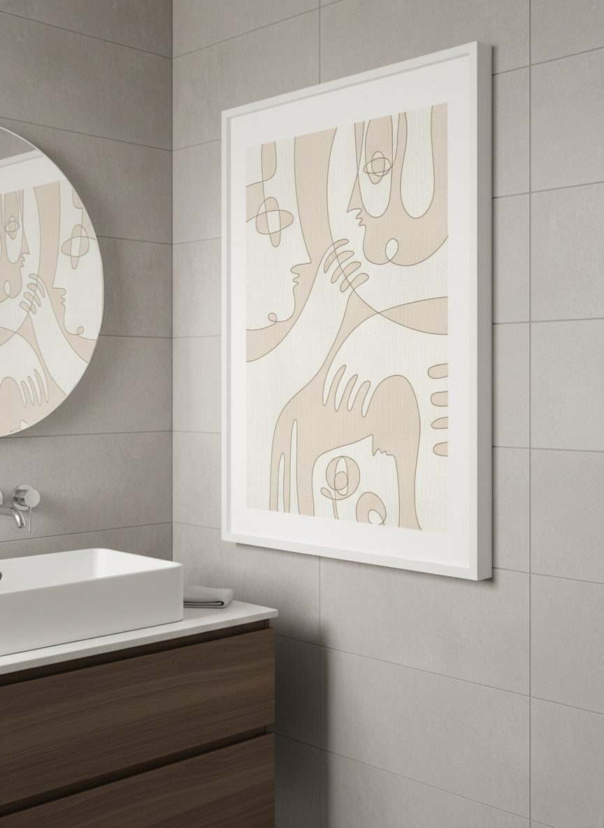 Modern print displayed in a clean minimalist bathroom setting