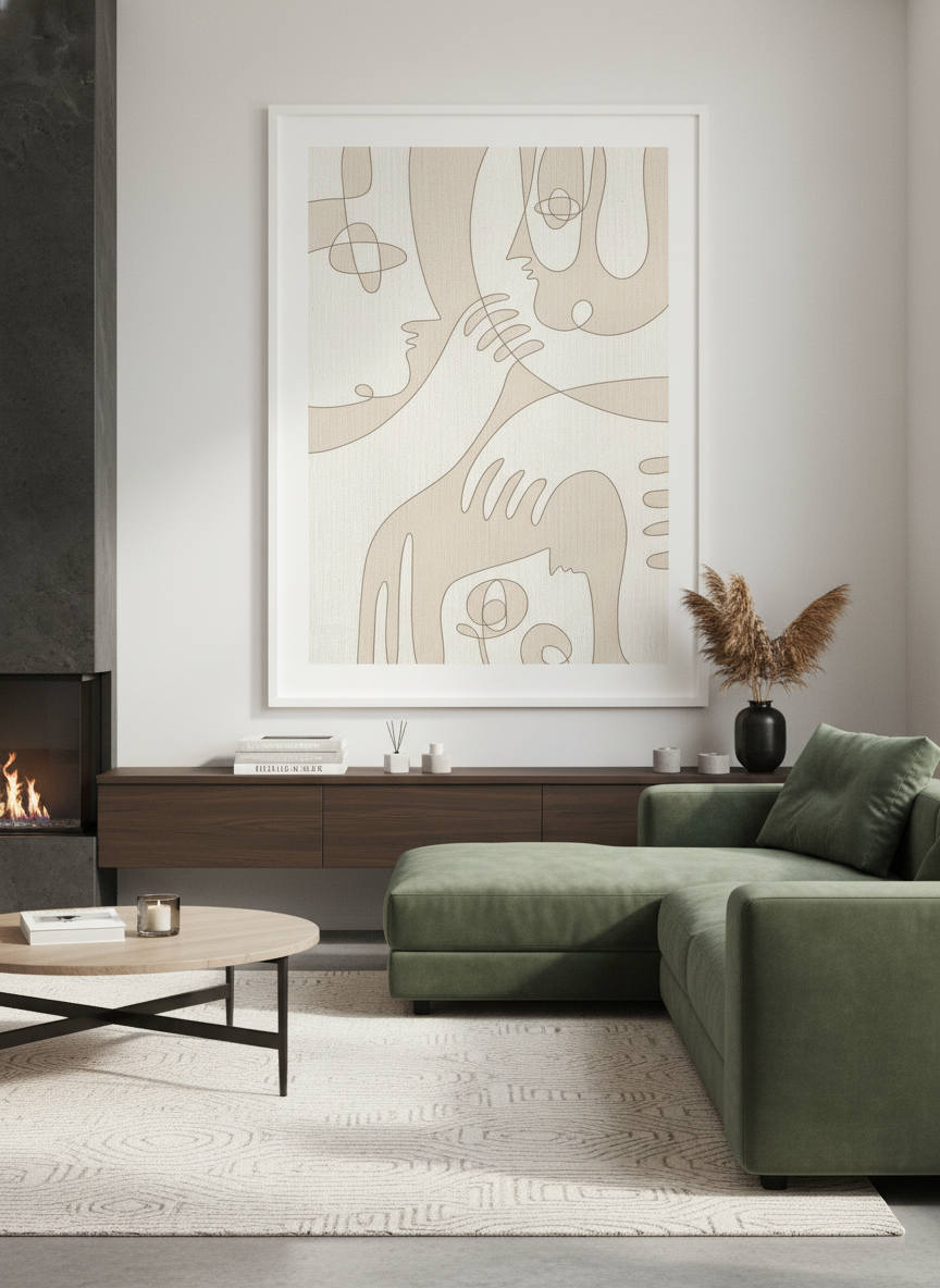 Monumental artwork centred on a feature wall in a luxe interior