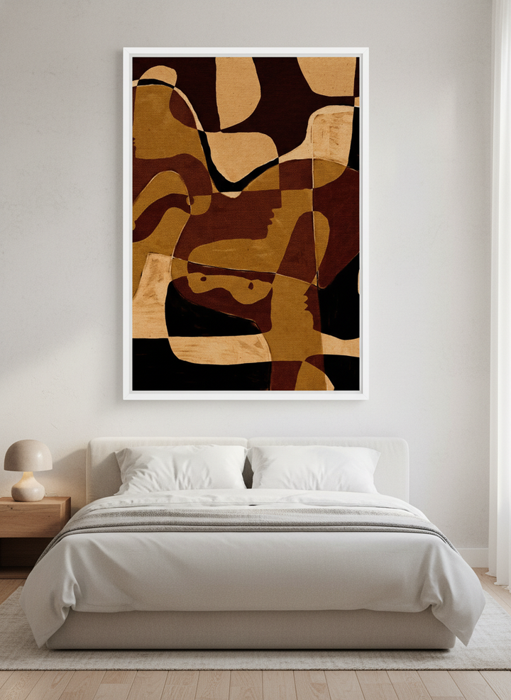 Minimalist artwork displayed in a calm, light-filled bedroom interior