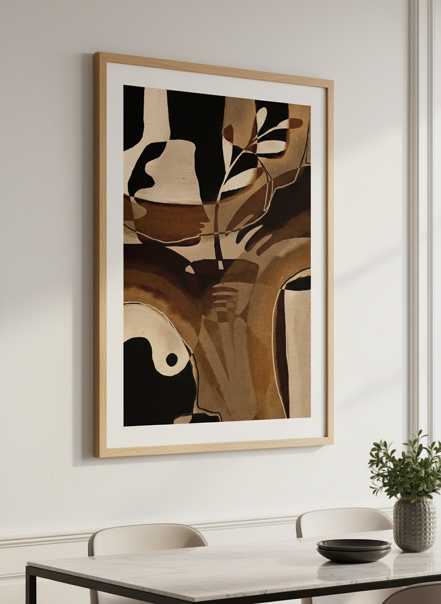 Wall art styled above a dining table in a contemporary home