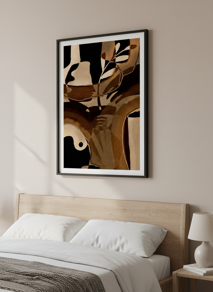 Minimalist artwork displayed in a calm, light-filled bedroom interior