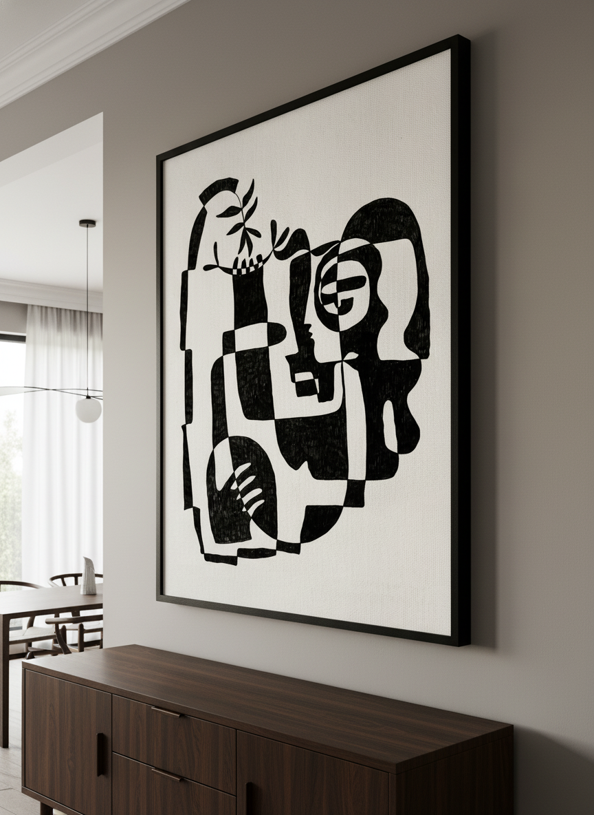 Wall art styled above a dining table in a contemporary home