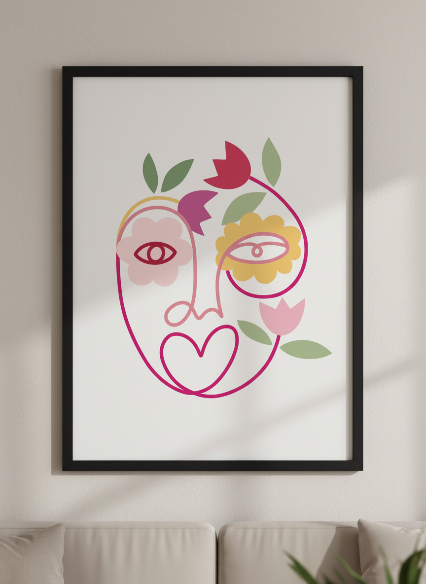 Modern wall art styled above a sofa in a neutral living room