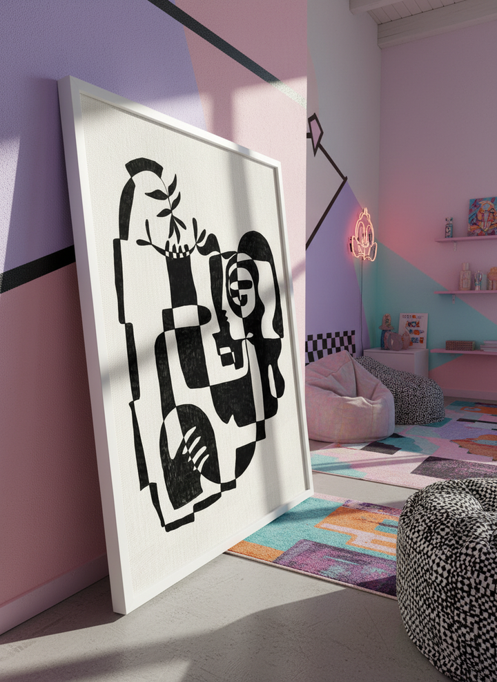 Bold wall art styled in a colourful, eclectic modern home