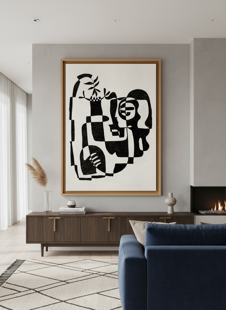 Monumental artwork centred on a feature wall in a luxe interior