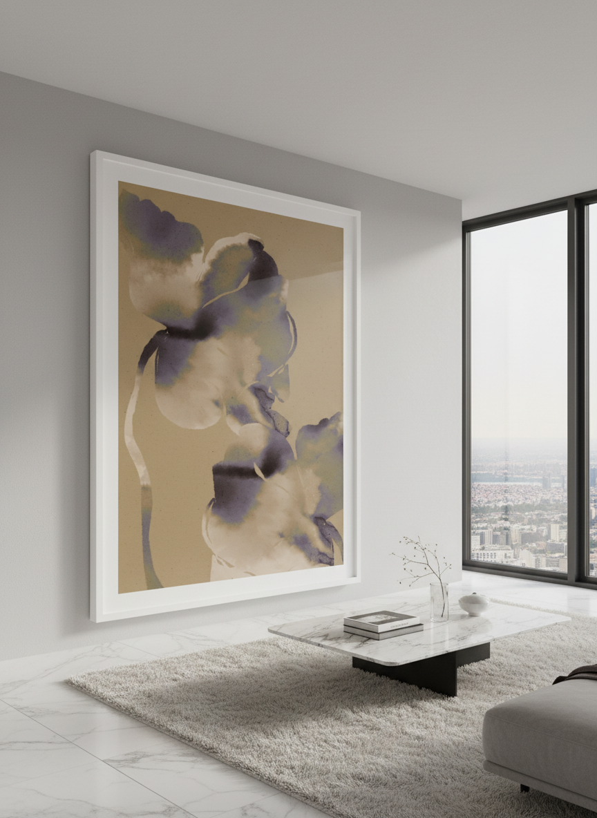 Monumental artwork centred on a feature wall in a luxe interior