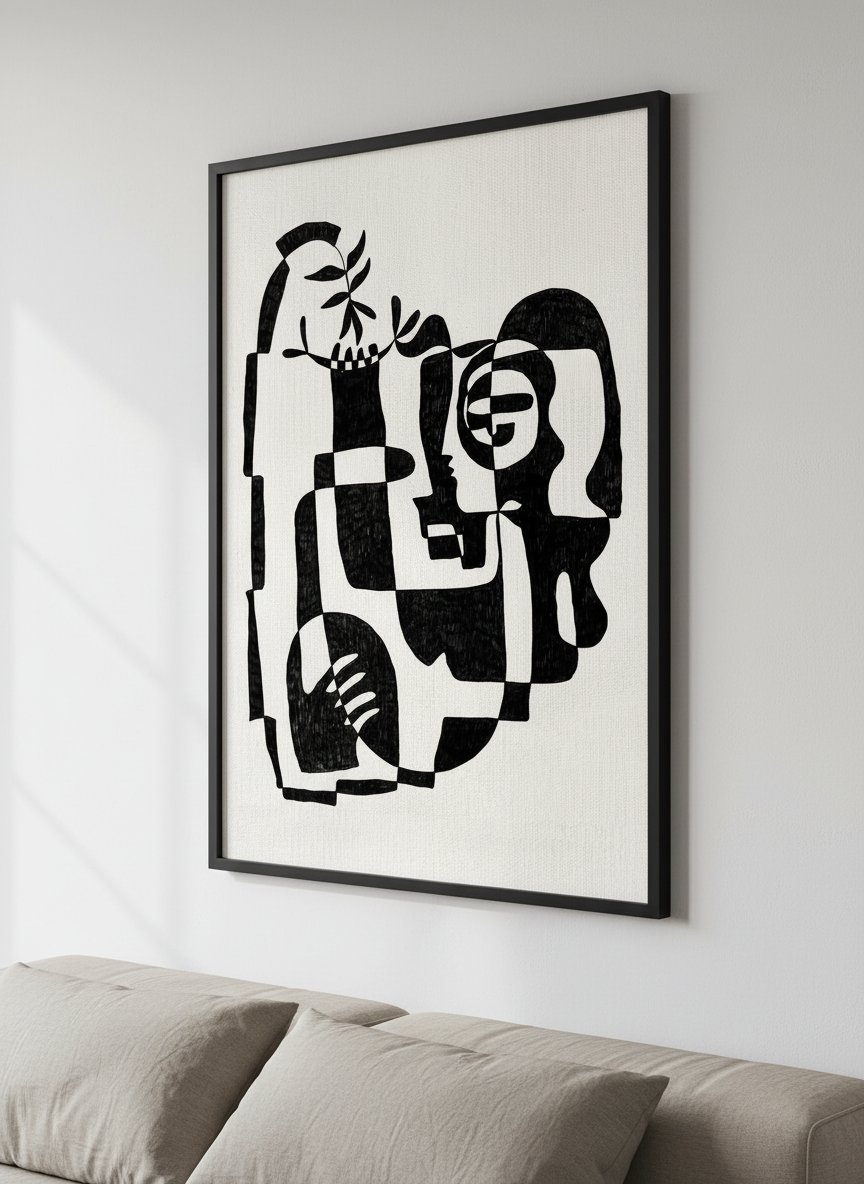 Minimalist artwork displayed in a calm, light-filled bedroom interior