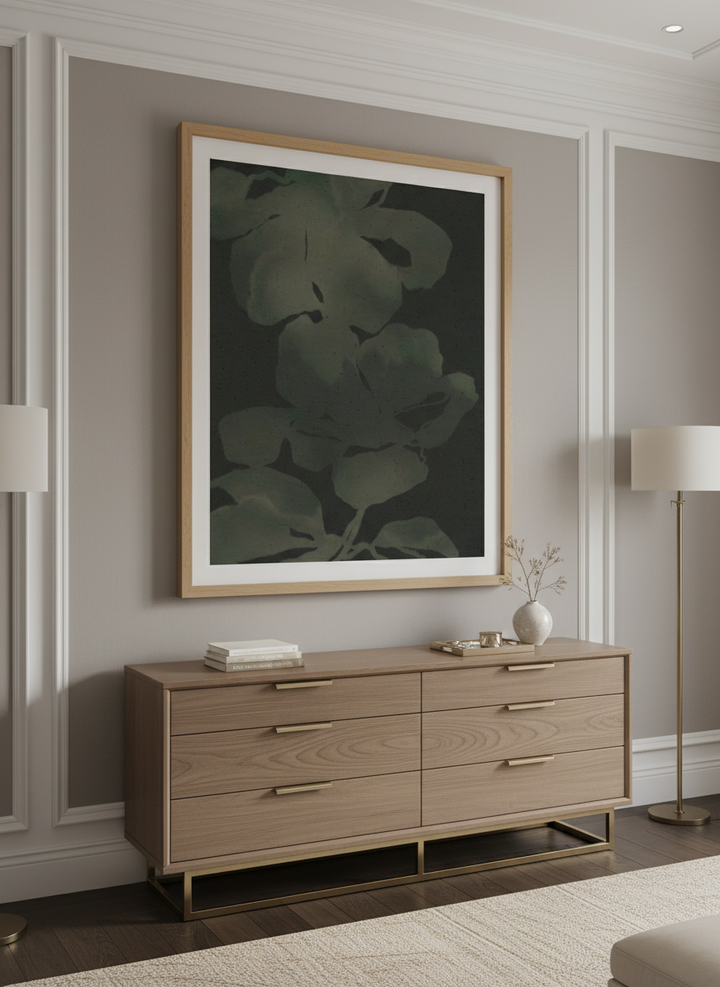 Monumental artwork centred on a feature wall in a luxe interior