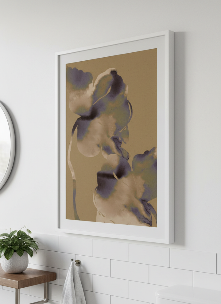 Modern print displayed in a clean minimalist bathroom setting