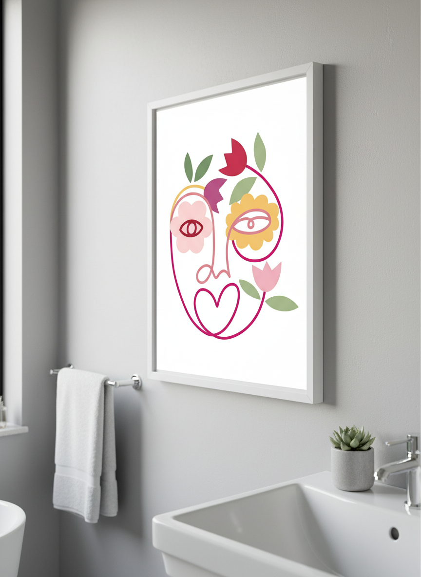 Modern print displayed in a clean minimalist bathroom setting