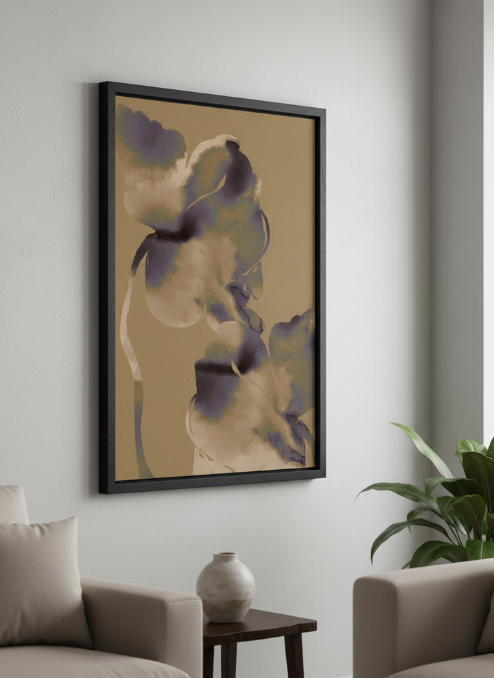Modern wall art styled above a sofa in a neutral living room