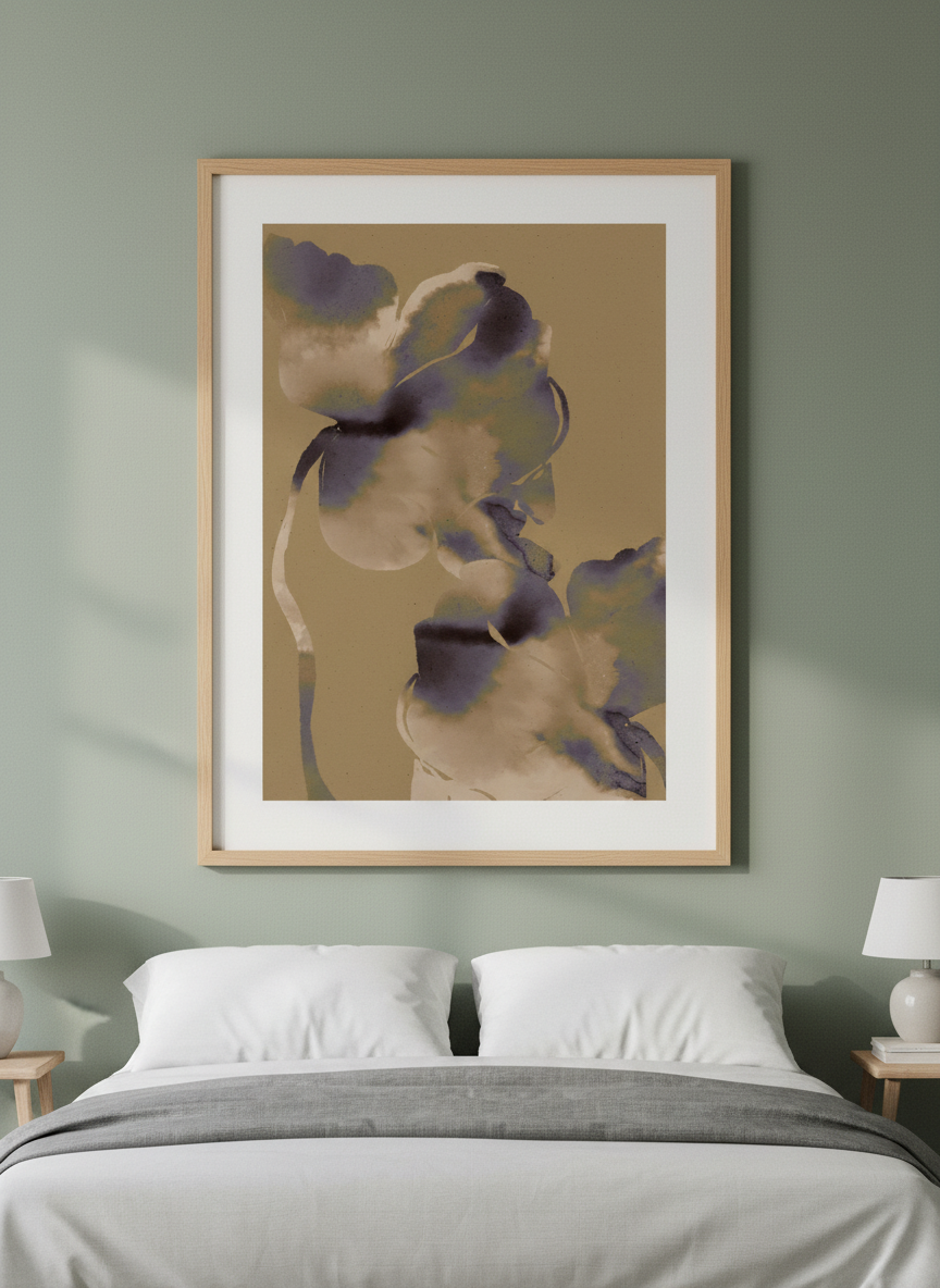 Minimalist artwork displayed in a calm, light-filled bedroom interior