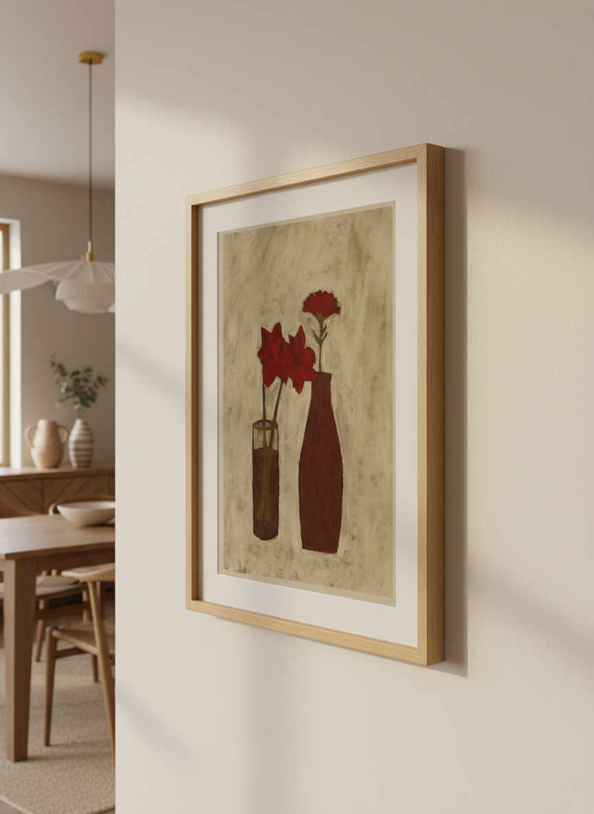 Wall art styled above a dining table in a contemporary home