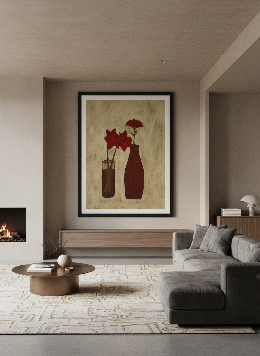 Monumental artwork centred on a feature wall in a luxe interior