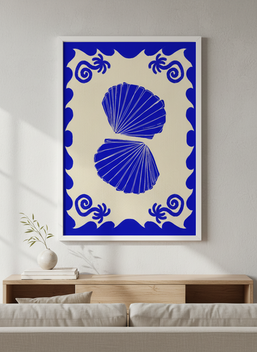 Modern wall art styled above a sofa in a neutral living room