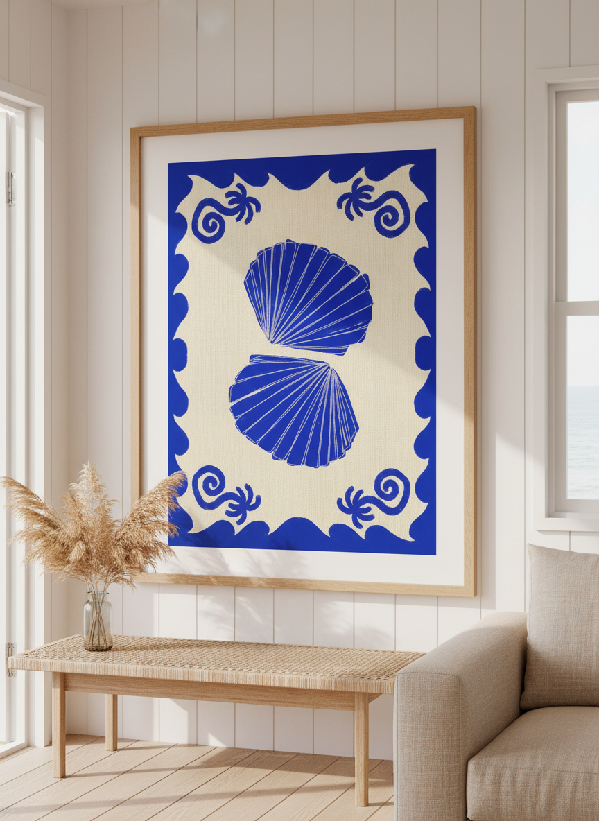 Neutral wall art displayed in a sunny coastal beach house