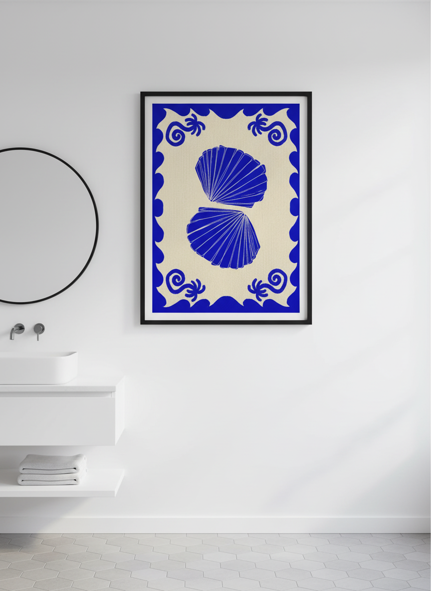 Modern print displayed in a clean minimalist bathroom setting