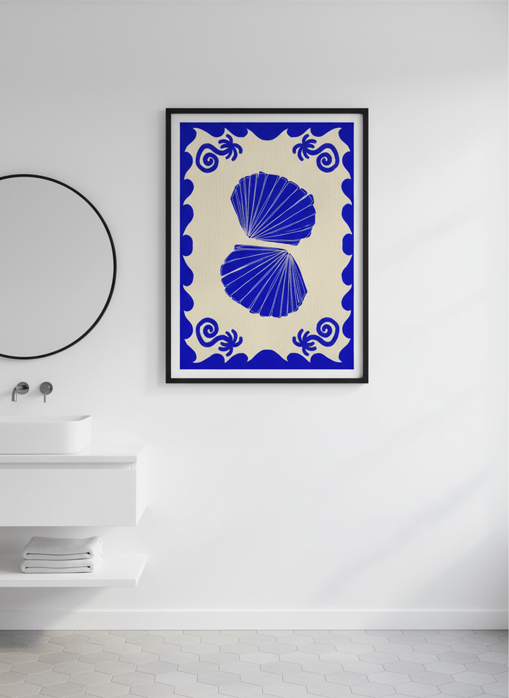 Modern print displayed in a clean minimalist bathroom setting